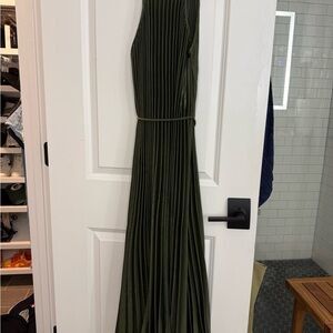 Olive Green Pleated Midi Dress with Waist Tie